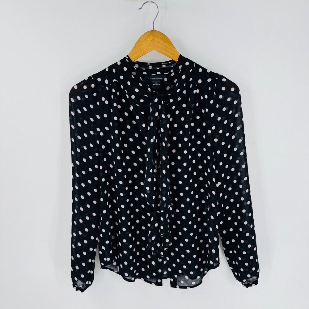 Black White Polka Dot sheer Tie Neck Long Sleeve Top Size XS Parisian Academia